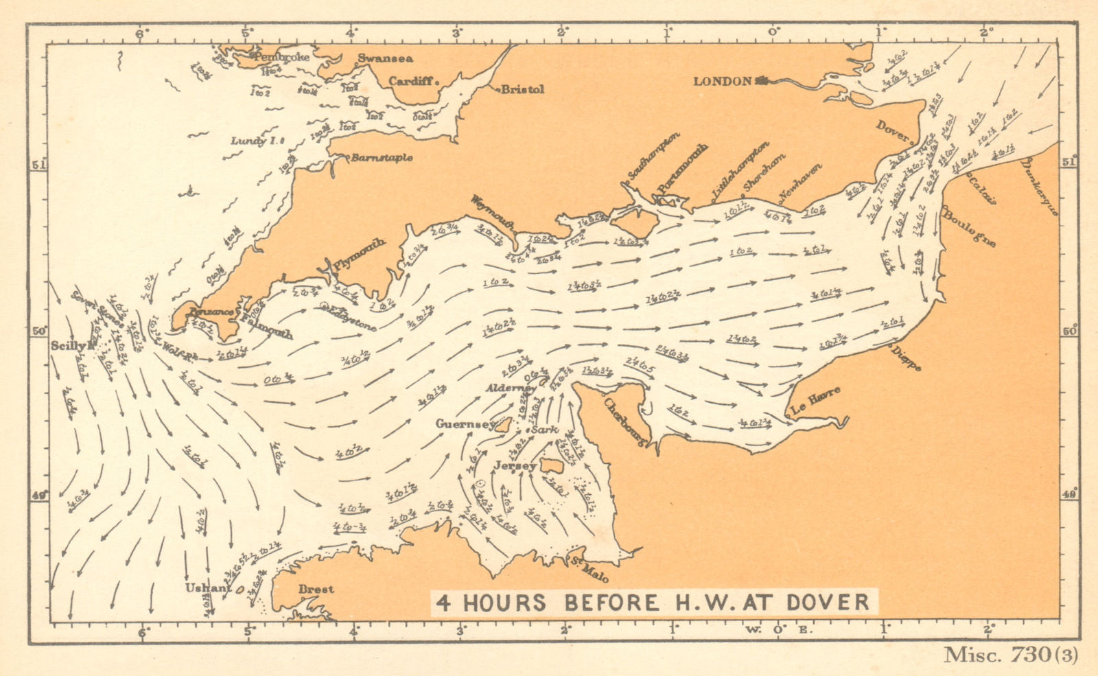 English Channel currents 4 hours before high water at Dover. ADMIRALTY 1943 map